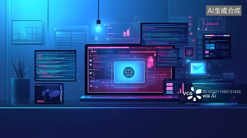 【AI数字艺术】蓝色背景的电脑屏幕科技概念图图片素材