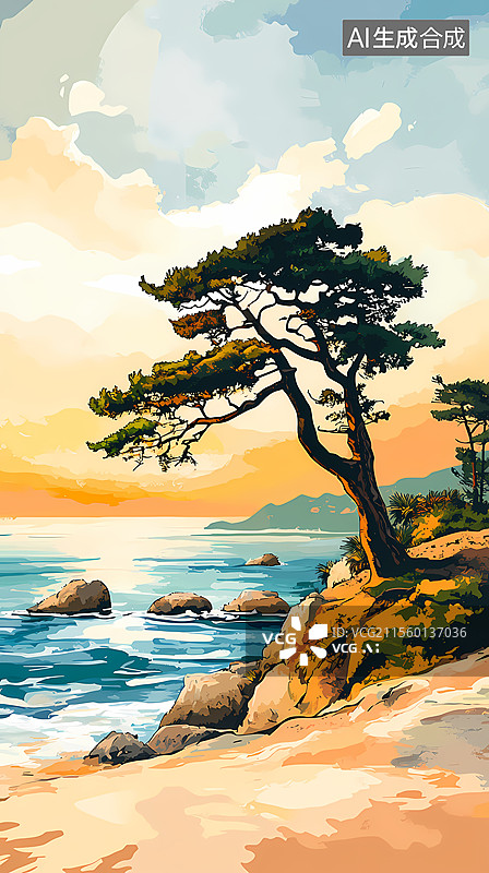 【AI数字艺术】海岸松树景观画图片素材