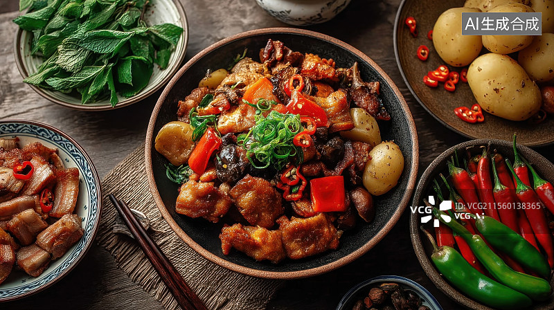 【AI数字艺术】美味的大盘鸡麻辣香锅美食静物图片素材