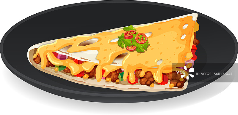 黑色盘子上的奶酪墨西哥饼配料丰富图片素材