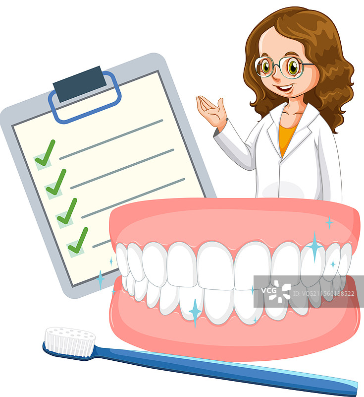 牙医与检查清单、牙齿模型和牙刷图片素材