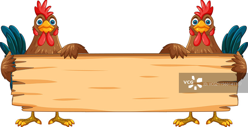 两只鸡拿着一块空白的木牌图片素材