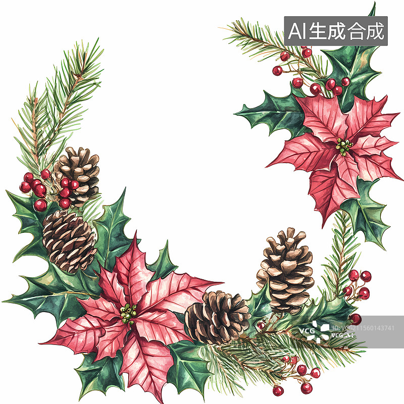 【AI数字艺术】圣诞花卉框架水彩设计图片素材