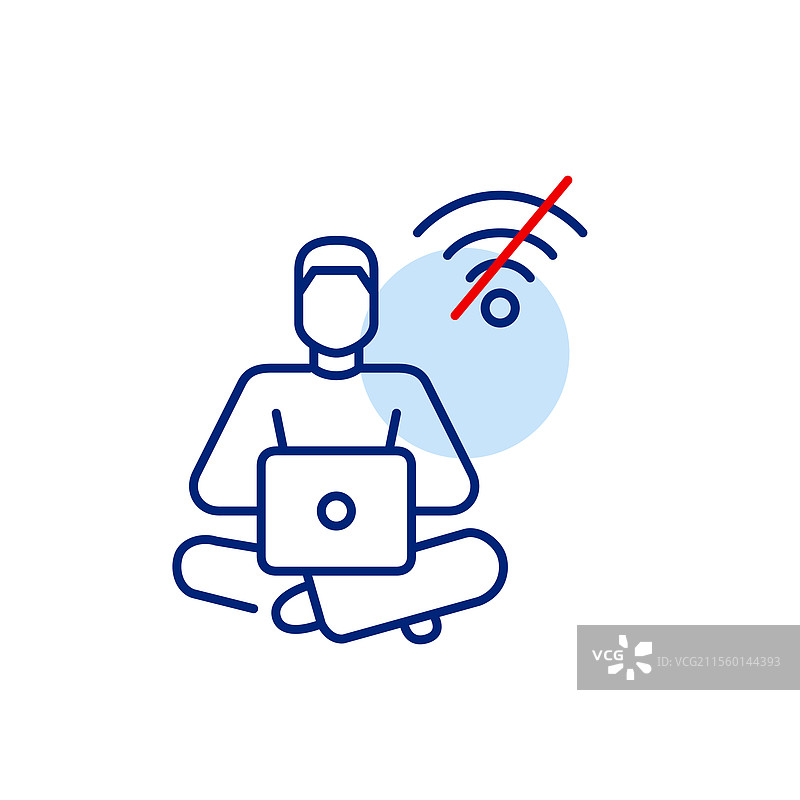 男子在笔记本电脑上工作，显示无Wi-Fi符号离线状态图片素材