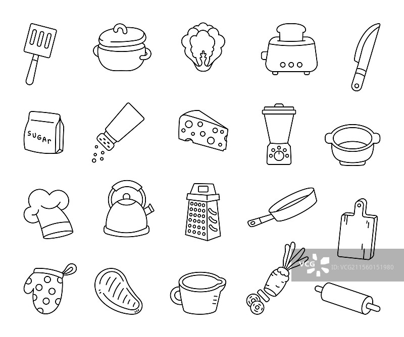 可爱的厨房烹饪套装轮廓图片素材