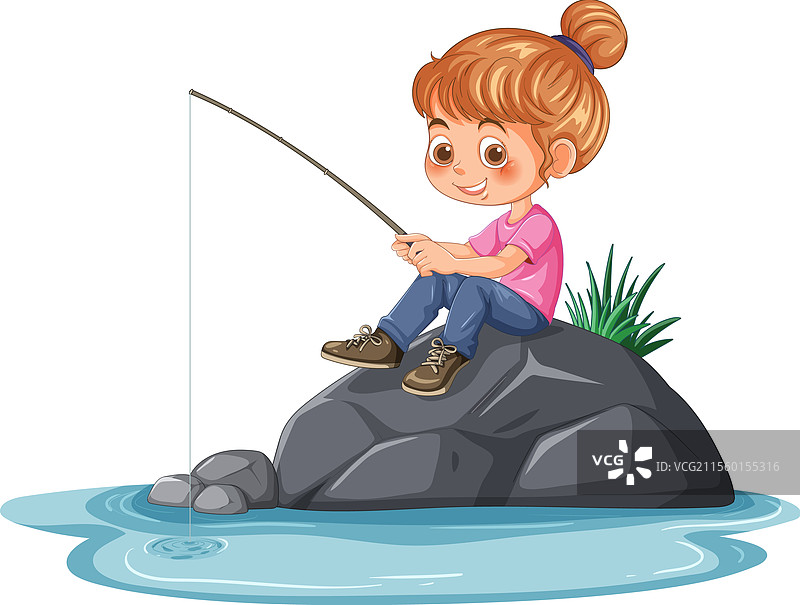 年轻女孩在宁静的池塘边钓鱼图片素材