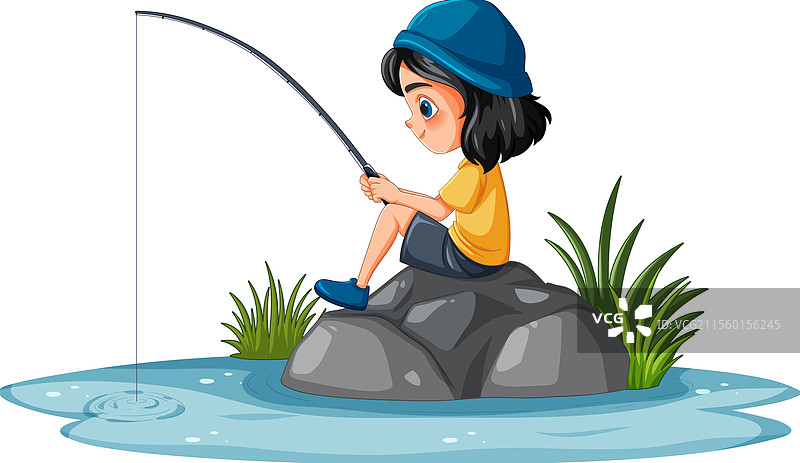 一个孩子坐在岩石上钓鱼图片素材