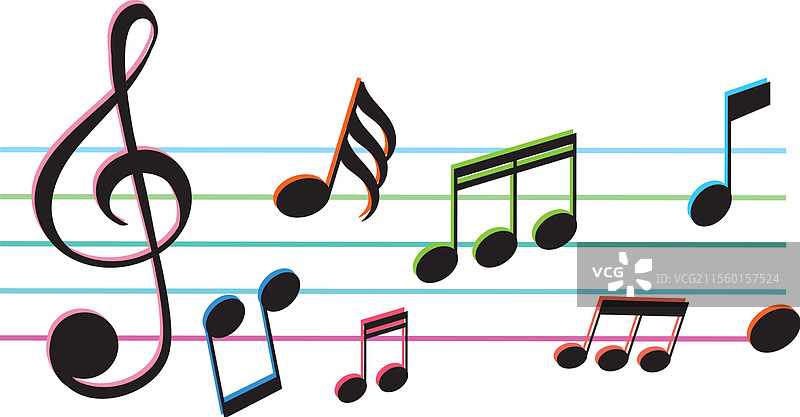 色彩斑斓的五线谱上的音乐音符图片素材