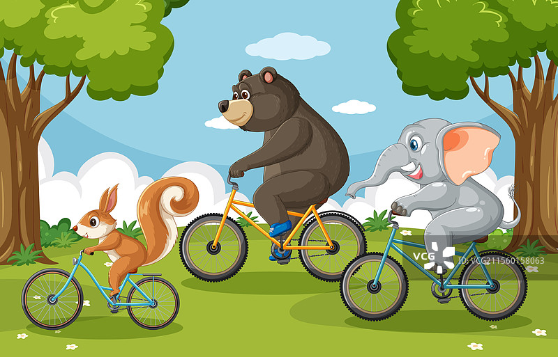 熊、象和松鼠一起骑自行车图片素材