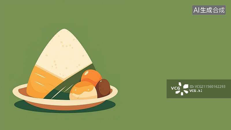【AI数字艺术】2D卡通居左背景趣味扁平元素，端午节咸蛋黄粽子 剥开的放在木头竹子盘子托盘里 中国传统节日美食图片素材