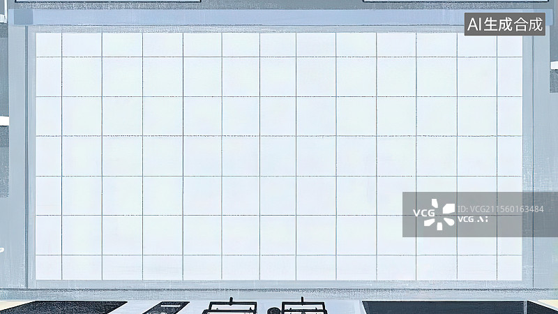 【AI数字艺术】2D卡通常规背景趣味扁平元素，厨房灶台清洗水池旁边的大玻璃格子窗户 室内居家场景做饭场地冷色调干净图片素材