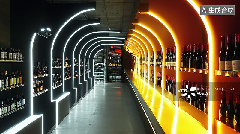 【AI数字艺术】都市霓虹灯室内酒吧酒柜红酒啤酒展台装饰设计3D渲染图片素材