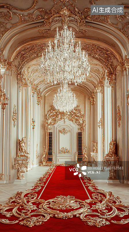 【AI数字艺术】欧式奢华古堡宴会厅水晶吊灯下的丝绒红毯红酒电商背景3D渲染图片素材