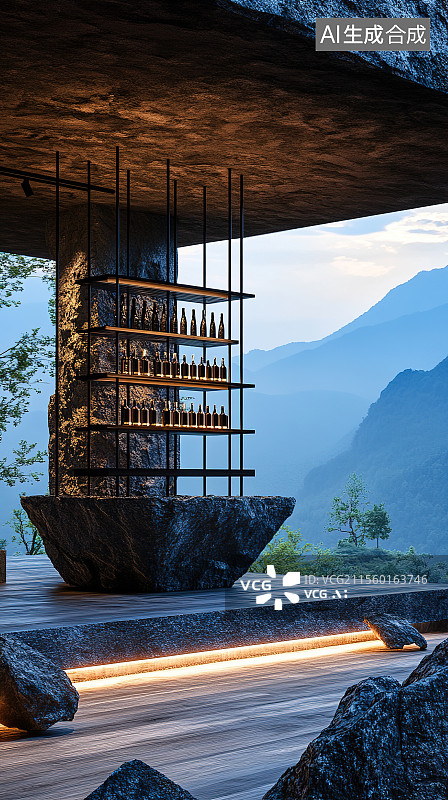 【AI数字艺术】酒店酒吧山顶观景台红酒展台电商背景3D渲染图片素材