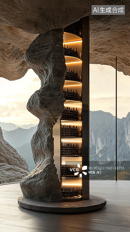 【AI数字艺术】酒店酒吧山顶观景台红酒展台电商背景3D渲染图片素材