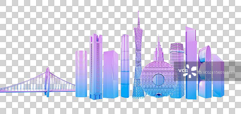 3D渲染的广州城市地标广州城市天际线元素图片素材