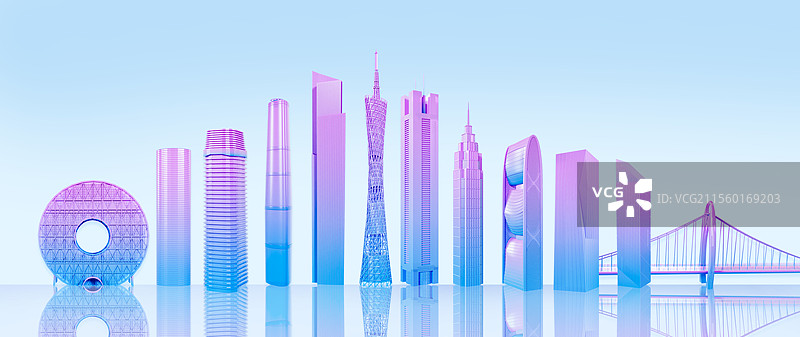 3D渲染的广州城市地标广州城市天际线广州城市插画图片素材