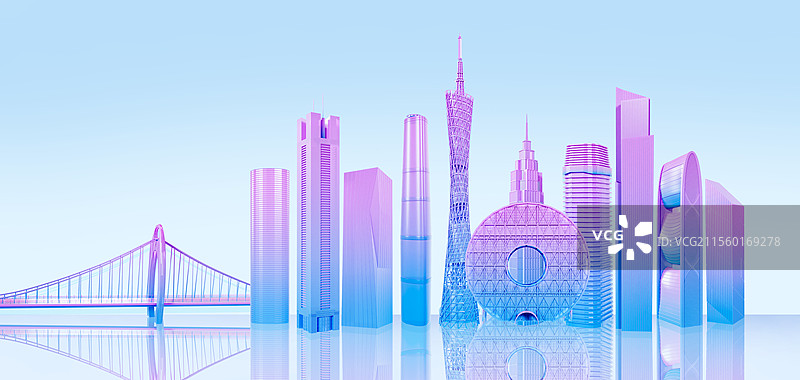 3D渲染的广州城市地标广州城市天际线广州城市插画图片素材
