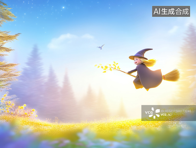 【AI数字艺术】女巫骑着扫帚飞在天空居右图片素材