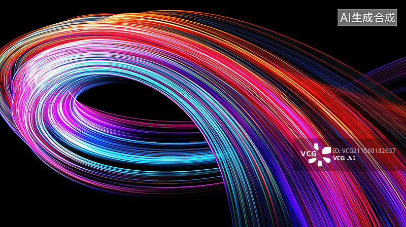 【AI数字艺术】科技黑底抽象弯曲旋转的彩色光线3D立体插画图片素材