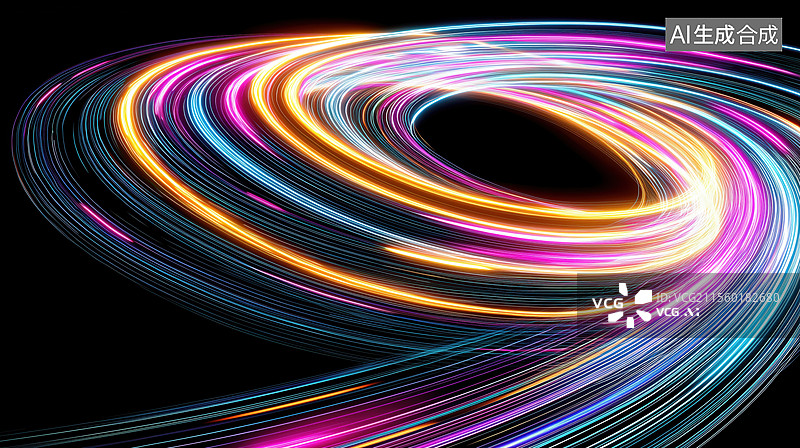【AI数字艺术】科技黑底抽象弯曲旋转的彩色光线3D立体插画图片素材