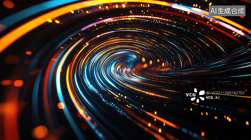 【AI数字艺术】科技黑底抽象弯曲旋转的彩色光线3D立体插画图片素材