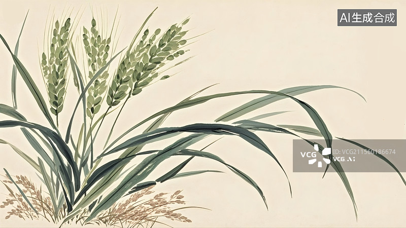 【AI数字艺术】绿色的稻穗水墨画图片素材