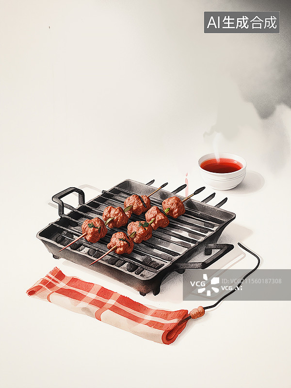 【AI数字艺术】烧烤烤肉插画，夏日的烧烤版图，烤肉美食插画，烧烤架和辣椒油 白色背景 竖版图片素材