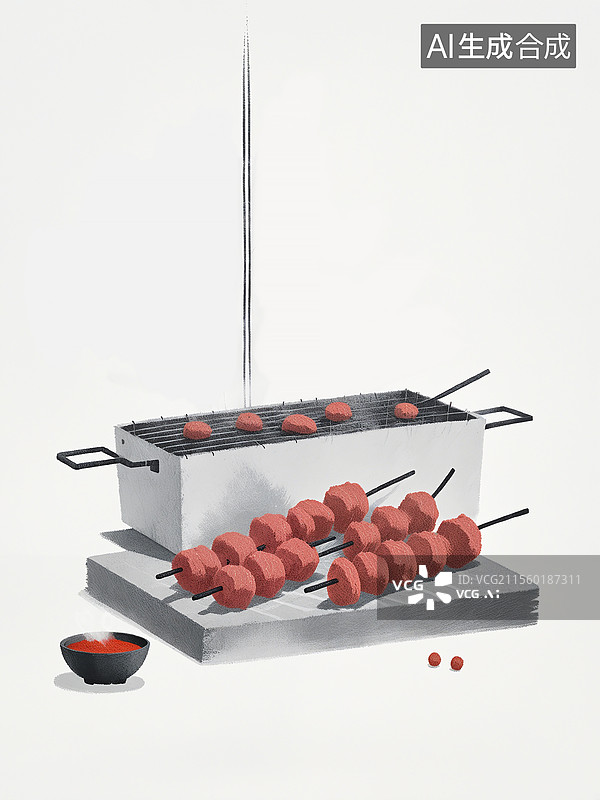 【AI数字艺术】烧烤烤肉插画，夏日的烧烤版图，烤肉美食插画，烧烤架和辣椒油 白色背景 竖版图片素材