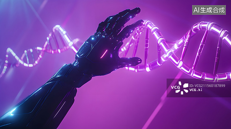 【AI数字艺术】基因科技DNA链条与机械手图片素材