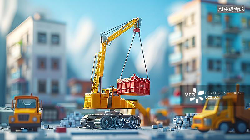 【AI数字艺术】一个微型建筑工地的场景，画面中有一台黄色的起重机正在吊起一个物体  积木世界的建筑梦想图片素材