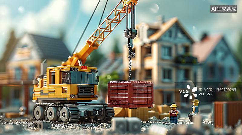 【AI数字艺术】一个微型建筑工地的场景，画面中有一台黄色的起重机正在吊起一个物体  积木世界的建筑梦想图片素材