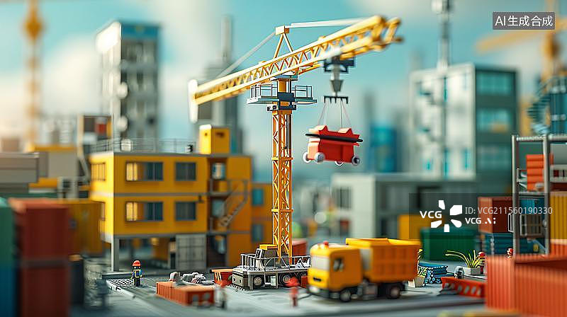【AI数字艺术】一个微型建筑工地的场景，画面中有一台黄色的起重机正在吊起一个物体  积木世界的建筑梦想图片素材