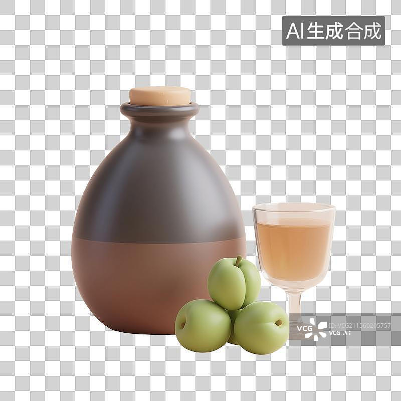 【AI数字艺术】国风手绘插画，青梅酒，梅子酒，米酒，酒壶，酒坛子，酒缸，酒杯，传统文化，酒文化，免抠元素图片素材