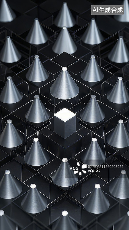 【AI数字艺术】石墨锥体矩阵-工业极简拉丁方阵 阳极氧化铝锥体光影艺术图片素材