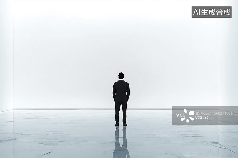 【AI数字艺术】背对镜头的男子站在空旷白色房间图片素材