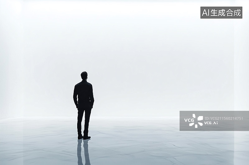 【AI数字艺术】背对镜头的男子站在空旷白色房间图片素材