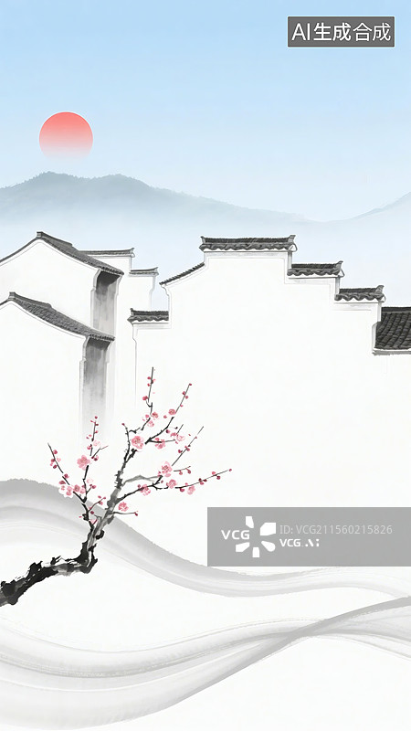 【AI数字艺术】水墨徽派建筑与梅花图片素材