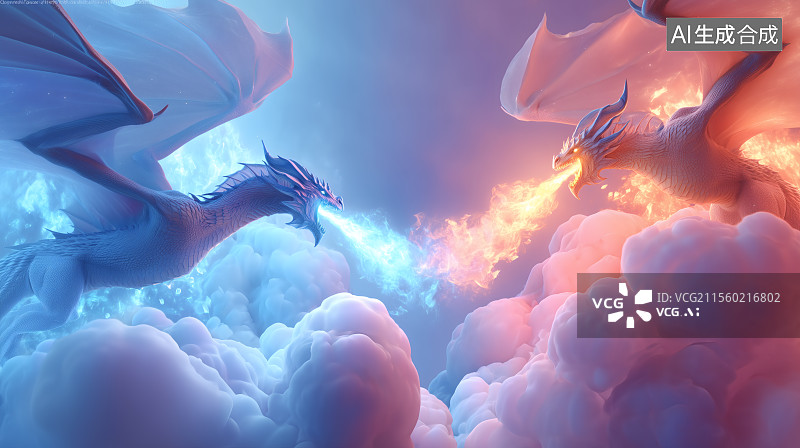 【AI数字艺术】3D红龙蓝龙对战图片素材