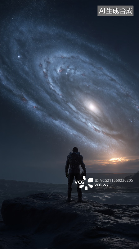 【AI数字艺术】凝望太空星系的宇航员背影图片素材