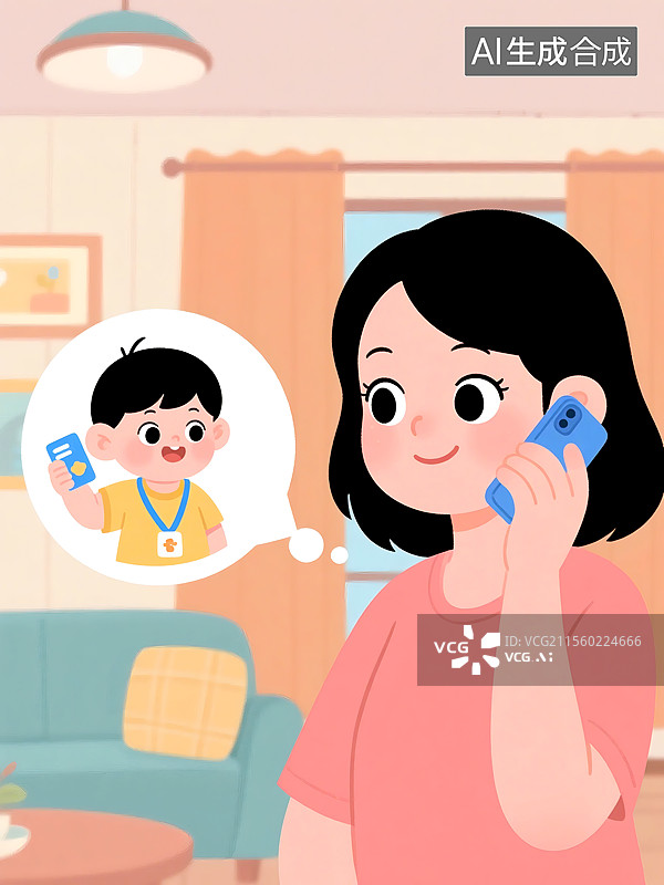 【AI数字艺术】一位妈妈正拿着手机给孩子打电话卡通插画图片素材