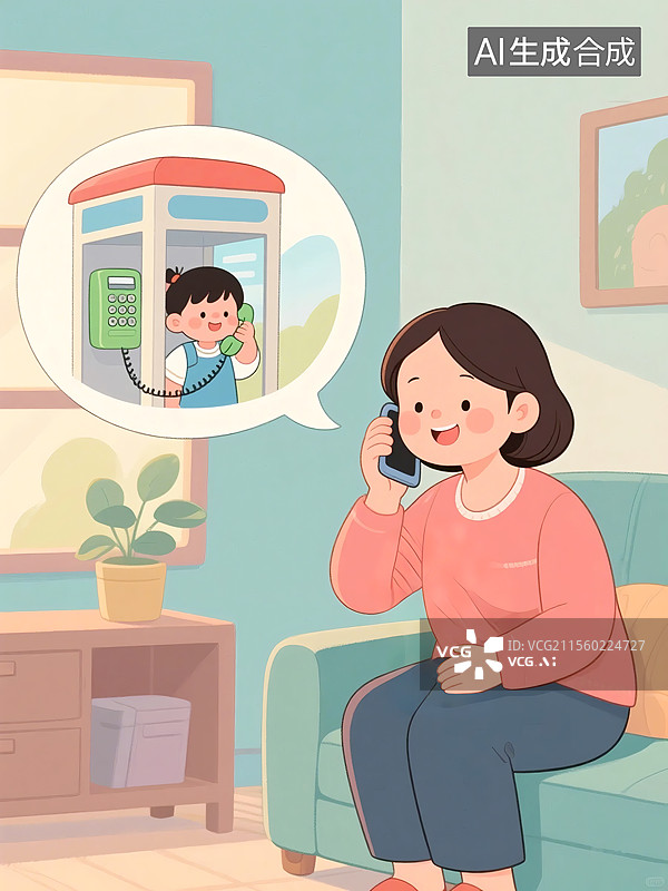 【AI数字艺术】一位妈妈正拿着手机给孩子打电话卡通插画图片素材