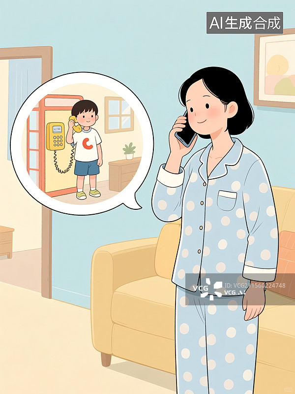 【AI数字艺术】一位妈妈正拿着手机给孩子打电话卡通插画图片素材