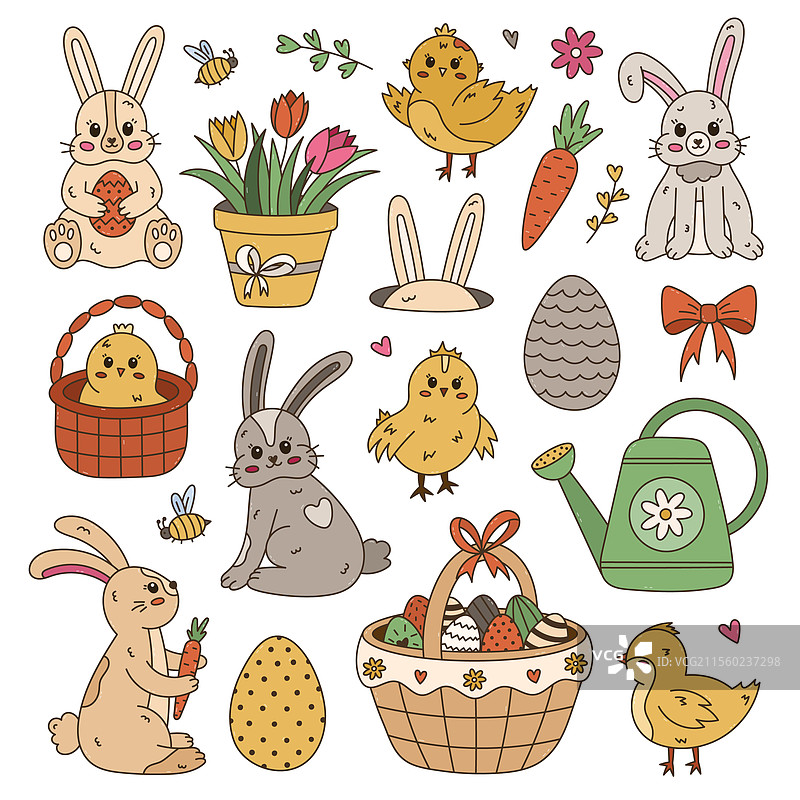 色彩缤纷的复活节涂鸦套装，包含兔子角色图片素材