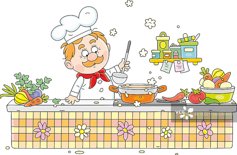 搞笑的厨师正在准备蔬菜汤图片素材
