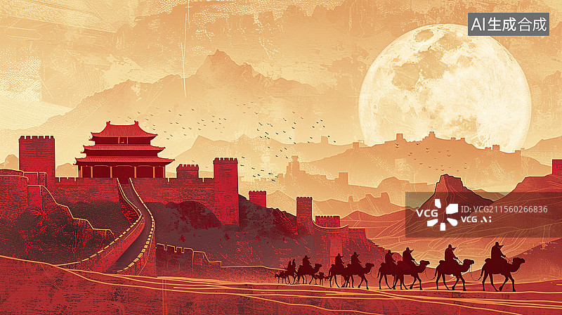 【AI数字艺术】敦煌古城沙漠上行进的驼队——丝绸之路和一带一路概念插画图片素材