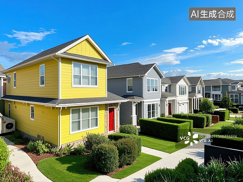【AI数字艺术】多彩联排住宅社区风景图片素材