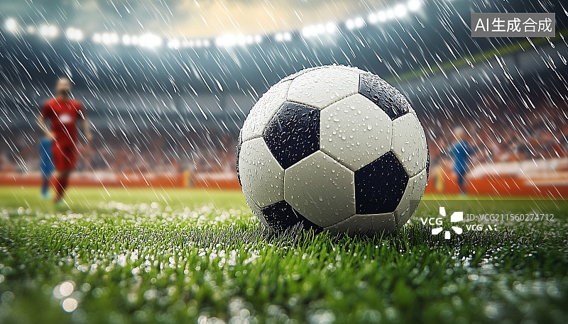 【AI数字艺术】下雨天足球场上的足球特写图片素材