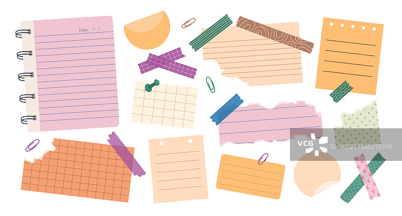 一组各种撕裂的纸条、便签、贴纸和胶带图片素材