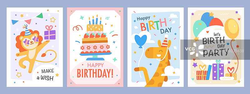 带有可爱动物和字母的生日卡片图片素材